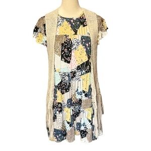 Women’s boutique Medium patchwork babydoll dress stretchy boho with pockets
